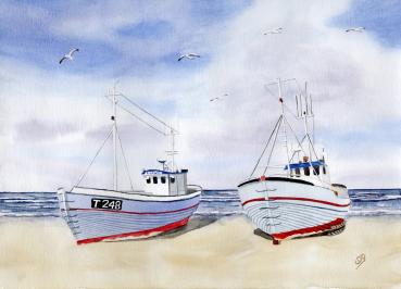 Poster DIN-A4 Zwei Fischerboote am Strand Aquarell Maritim Kunst Druck Kunstdruck Dänemark Nordsee  Düne Meer Möwe Strand